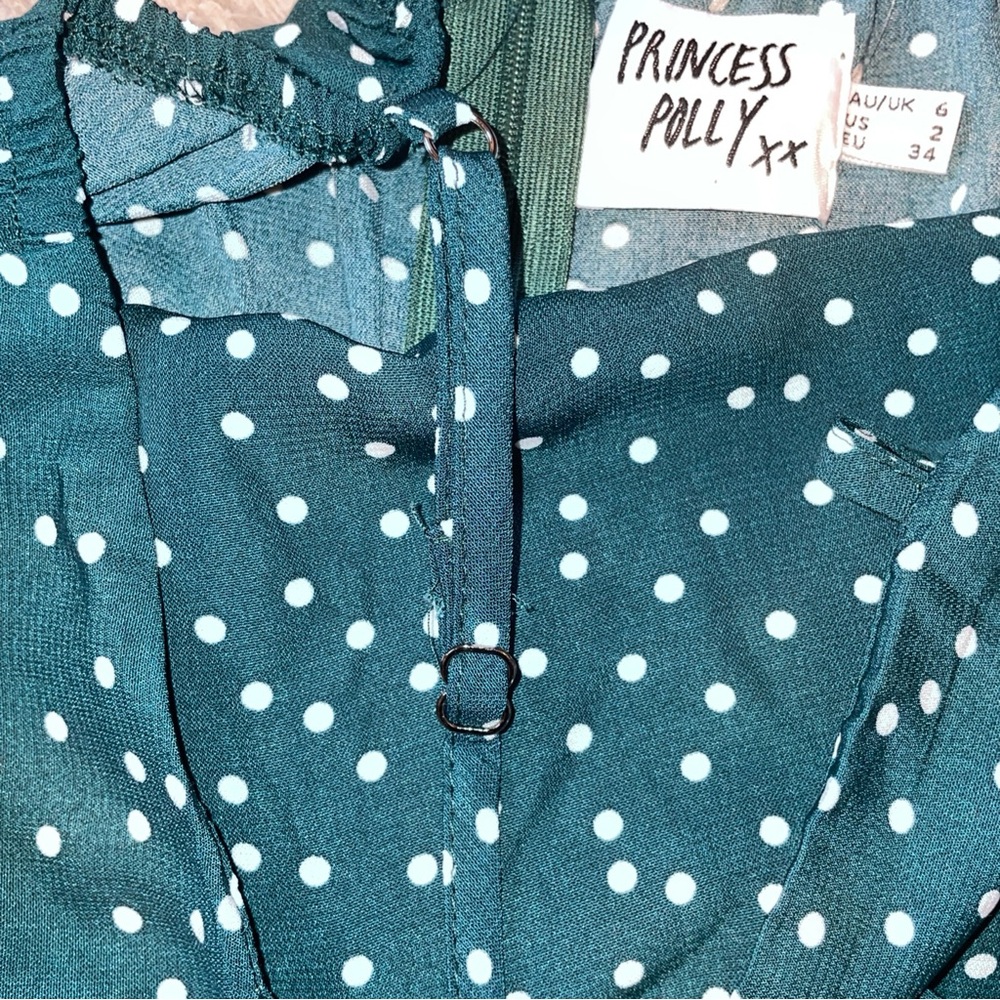 Princess Polly Caesura Mini Dress Women's Size 2 Teal Ruffle Hem Polka Dots - Picture 7 of 12